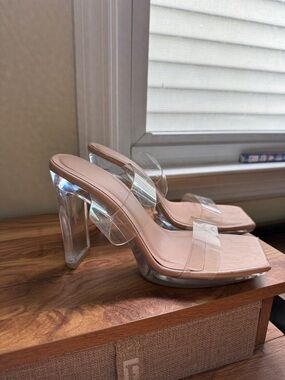 Anne Michelle Clear Strap High Heel Mule in Blush